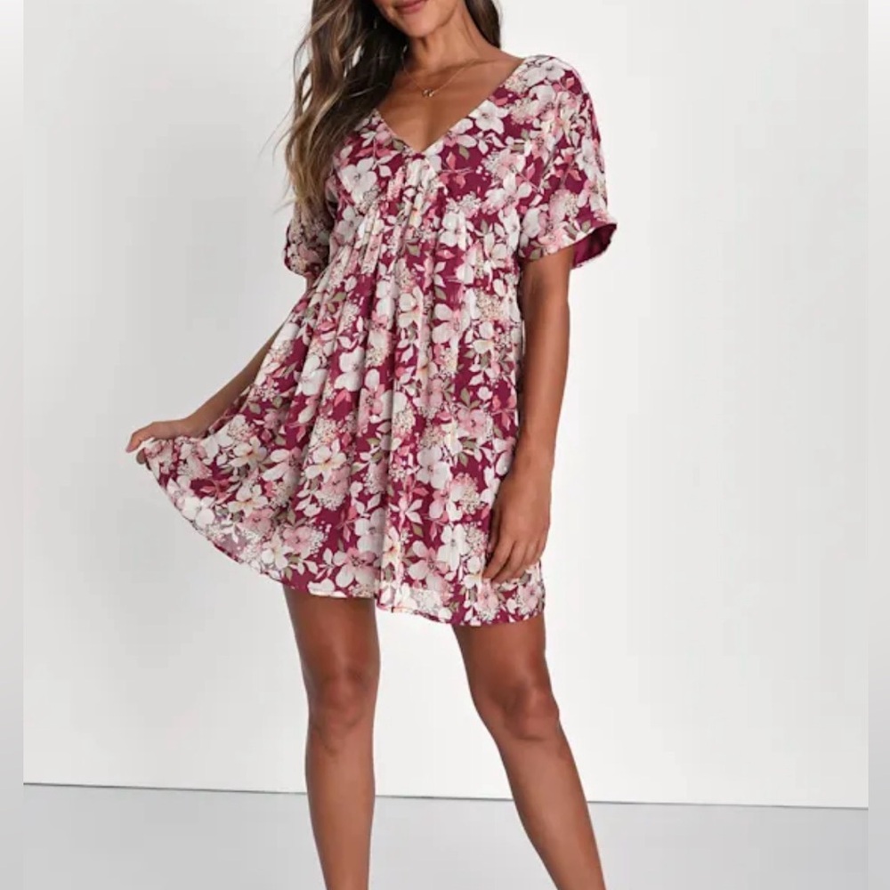 Lulus Ready to Adore Red Floral Print Clip Dot Babydoll Mini Dress